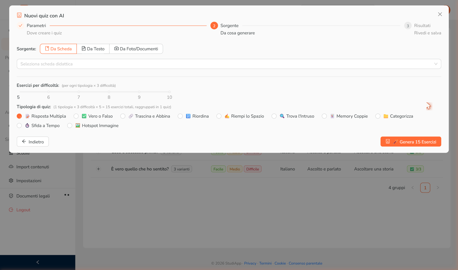 Il wizard AI per generare quiz